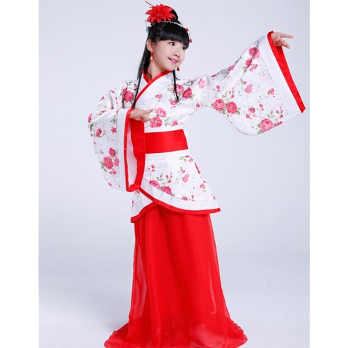 Red blue children Chinese folk dance dresses ancient classical dancers stage performance traditional princess kimono robes